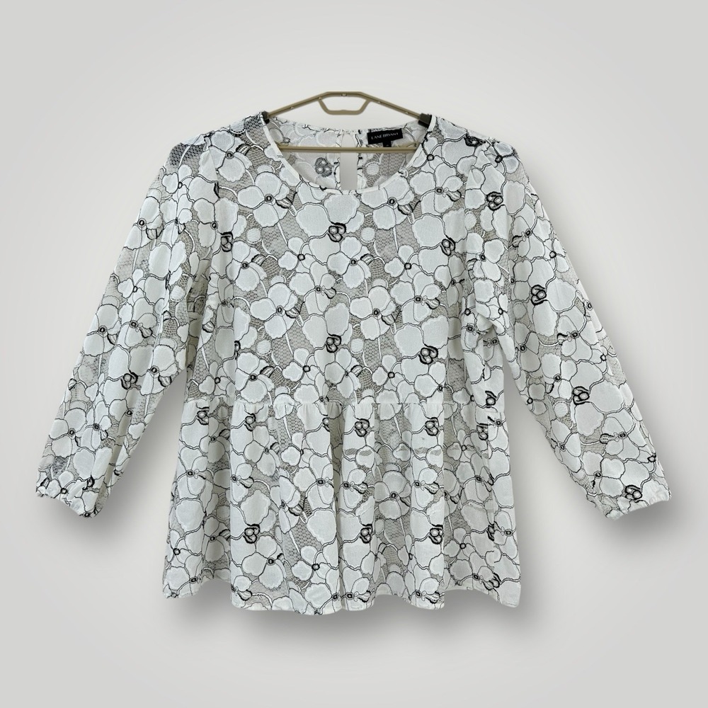NEW $69 LANE BRYANT White Floral Blouse Womens Size 28 Sheer Long Sleeves NWT
